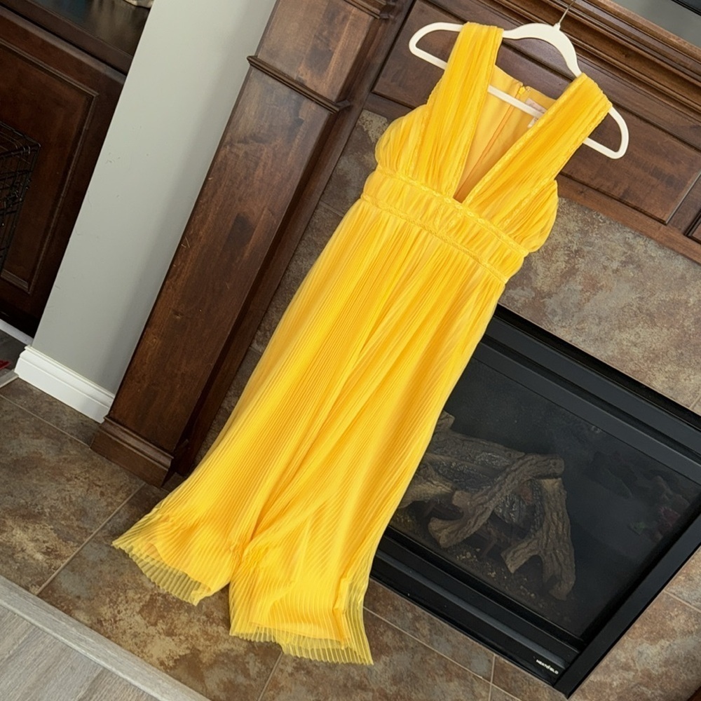Anthropologie Hutch Pleated Tulle Jumpsuit bright yellow statement bold size 2 - Picture 11 of 14
